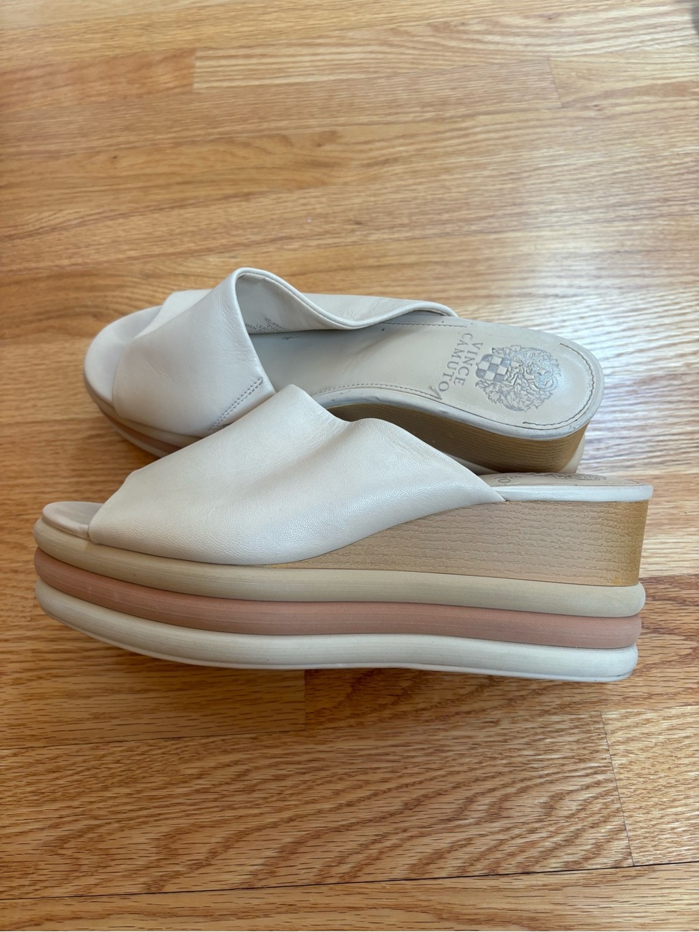 Vince Camuto Cream and Blush Layered Wedge Slide Sandals